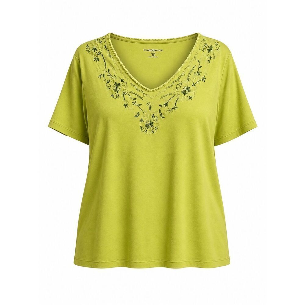 Croft & Barrow Woman 2X Embroidered Floral Top Lime Green Boho Chic Plus